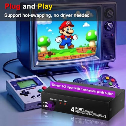 2 in 4 Out RCA Switch Splitter Composite Stereo AV Switcher Box | Composite Video L/R Audio Selector for VCR, DVD Player, Retro Game Console, Security Camera, Home Theater Systems
