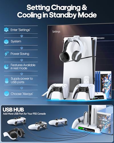 Cooling Stand for PS5/ Slim/Pro Disc & Digital Console, PS5 Cooling Station with Dual Controller Charging Station for PlayStation 5 Console, P S5 Accessories Stand with AUTO Adjustable Fan - color: White