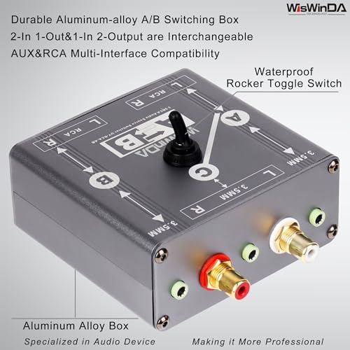 Pro RCA AUX Passive A/B Switch Box Passive Reversible Operation Design Balanced Stereo Audio Switcher with Durable Aluminum Alloy Case Support RCA/AUX 3.5mm 1/8” Input - size: RCA+AUX A/B Switch
