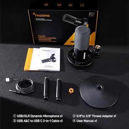 MAONO Dynamic Microphone-XLR USB Podcast Recording Mic with 192kHz/24bit | for Vocal Recording, Content Creation, Home Studio, Voiceover, with Noise Reduction, Mic Gain, Monitoring, Mute, PD300XT