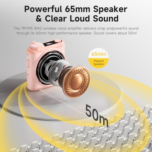 7RYMS WA2 Wireless Voice Amplifier for Teachers with Magnetic lavalier Mic, Wireless Portable Amplifier with Noise Canceling, Mini Voice Amplifier for Classroom, Meeting, Training, Speech (Pink) - color: Pink