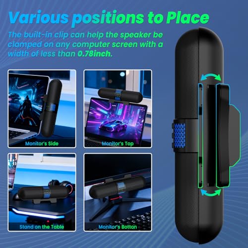 BESTISAN Computer Speaker, Bluetooth 5.3/Wired USB A/C Connection, 6 RGB Light Modes, Gaming Soundbar for PC/Laptop/Desktop, USB A/C Adapter, Easily Clamps to Monitor, Convenient Button Controls
