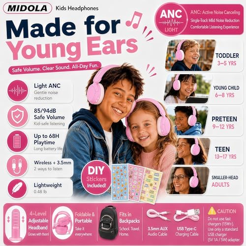 Kids Bluetooth Headphones Wireless,ANC, 68H,Safe Volume Limit 85/94dB Pink | Active Noise Cancelling,Adjustable Headband Foldable Over-Ear for Toddler Girls Boys Tablet/iPad,HD Stereo,Built-in Mic - color: Pink
