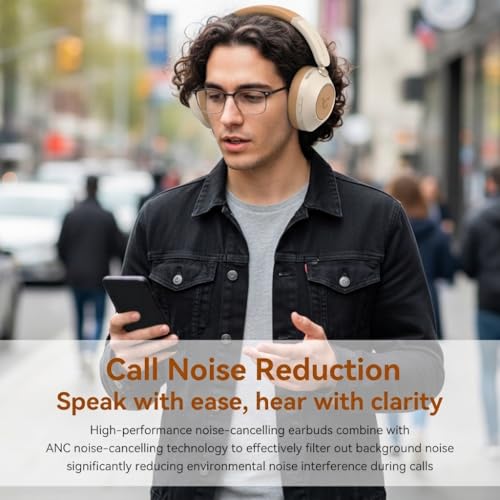 CYBORIS Active Noise Cancelling Headphones, Bluetooth 5.4 Wireless on Ear ANC Headphone with 65H Playtime, Deep Bass, Low Latency, Foldable Headset with Mic for Travel/Office/PC (Beige) - color: Beige