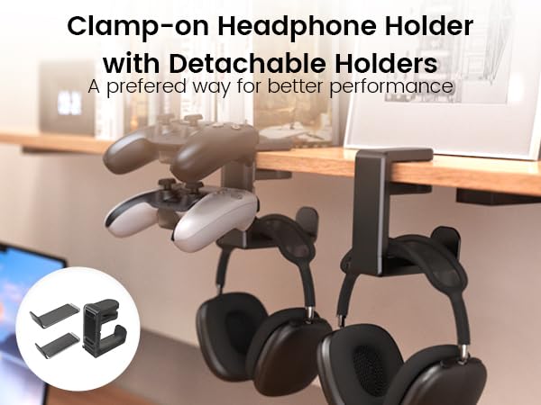 EURPMASK 3-in-1 Rotating Headphone Stand w/2 Detachable Controller Holders | Adjustable Clamp-on Headset Holder Hanger,Swivel,Gaming Headset Hanger,Cable Organizer,Father's Day Birthday Christmas Gift - color: Gaming Combo Black