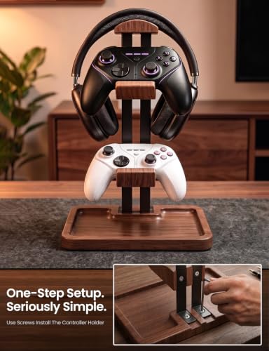 LOXP Walnut Headphone and Controller Stand, 2-in-1 Holder with Storage | Solid Wood Gaming Headphone Stand, Built-in Storage, Non-Slip, Fits Xbox PS5 Switch Controllers, Desktop Organizer for Gamers