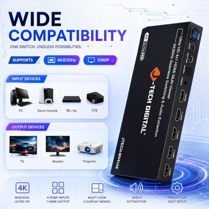 J-Tech Digital 4K HDMI Multiviewer Switch 4 in 1 Out, 4x1 4K 30Hz HDMI Quad Multiviewer Seamless Switcher with PiP, 6 Viewing Modes, Audio Extraction via Optical 3.5mm (JTECH-MV41AE)