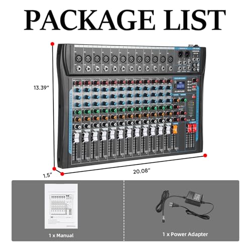 12 Channel Audio Interfacer Sound Board Mixer DJ Mixer 16-Bit DSP Effect USB Audio Mixer +48V Phantom Power Bluetooth Mixer for Karaoke Studio Streaming Recording,Live Streaming