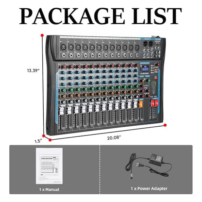 12 Channel Audio Interfacer Sound Board Mixer DJ Mixer 16-Bit DSP Effect USB Audio Mixer +48V Phantom Power Bluetooth Mixer for Karaoke Studio Streaming Recording,Live Streaming