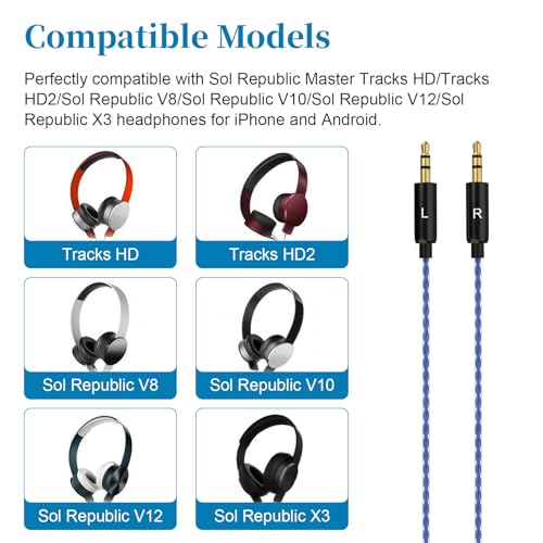 Sol Republic Cable Compatible with Sol Republic Master Tracks HD, HD2, Sol Republic V8, V10, V12, X3 Headphone, Sol Republic Replacement Cable for iPhone, Android Phone, 3.9ft