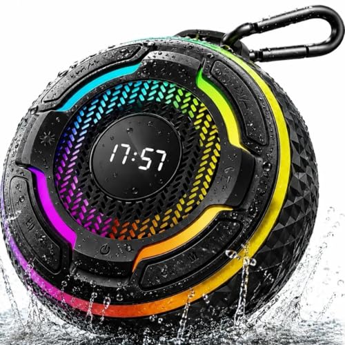 Waterproof Speaker Bluetooth,Portable Magnetic IPX7 Shower Speaker with 360° Surround Sound 10W, Bluetooth 5.3, Mic & LED Light, Hook & Lanyard, 12H Playtime for Bathroom, Outdoor, Beach （black）