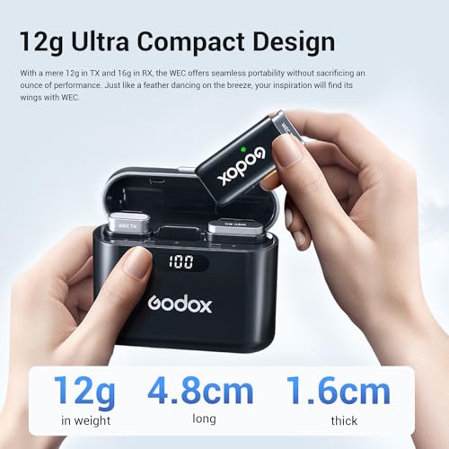 Godox WEC 2.4GHz Wireless Microphone System - 12g Ultra Compact, 200m Range, 24H Recording, Intelligent Noise Cancellation, Compatible with Cameras/Smartphones for Live Streaming, Interviews, Vlogging
