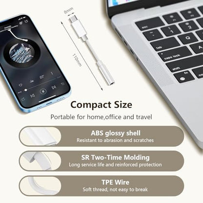 USB C to 3.5mm Headphone Jack Adapter Type C Audio Aux Cable Dongle Compatible with iPhone 16/15/15 Plus/15 Pro/15 Pro Max/iPad/Pixel, Samsung Galaxy S23 S22 S21 S20 Ultra Z Flip/Note (White, 6pcs)