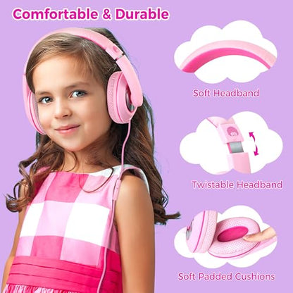 rockpapa Comfort+ Kids Headphones with Microphone, Boys Girls Student Over-Ear Headphones Wired Foldable for School Classroom Laptop PC Computer Tablet Pink - color: Hot Pink