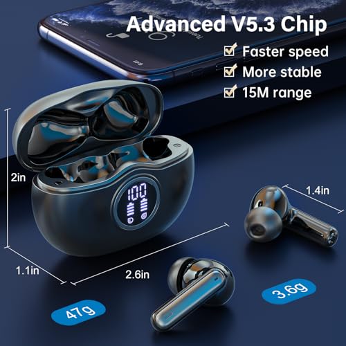 Wireless Earbuds, Bluetooth 5.3 Headphones HiFi Stereo 50H Playback LED Digital Display Ear Buds with ENC Noise Canceling Headset, IPX7 Waterproof Earphones for Gym/Running/Work（Black） - color: Black