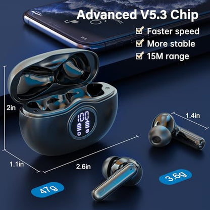Wireless Earbuds, Bluetooth 5.3 Headphones HiFi Stereo 50H Playback LED Digital Display Ear Buds with ENC Noise Canceling Headset, IPX7 Waterproof Earphones for Gym/Running/Work（Black） - color: Black