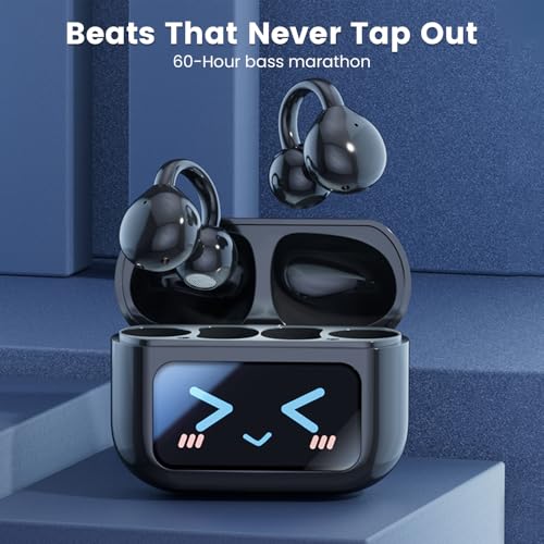 Piluyaa Clip-on Earbuds, Open Ear Earbuds with LCD Touchscreen Wireless Bluetooth 5.4, Lightweight M100 Open Ear Headphones with C-Shaped Bridge, Slim Hook,48H Battery, for Sports, Fitness (Black) - color: Black
