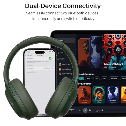 TOZO HT3 Hybrid Noise Cancelling Wireless Headphones, 90H Over Ear Headset | Hi Res Audio, AI Voice Assistant, Dual Device Connection, 32 Custom EQs, Built In 5 Mics, ANC, Foldable, Bluetooth 6.0 - color: Green