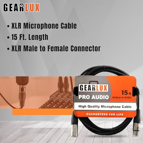Gearlux XLR Microphone Cable, Fully Balanced, Male to Female, 15 Feet - 2 Pack - size: 15 Ft, style: 2 Pack
