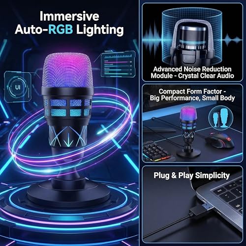 USB Condenser Microphone for PC Gaming & Podcast, with RGB Indicator, Shock Mount & Gain Control – Used for Streaming, PS4/PS5 & YouTube
