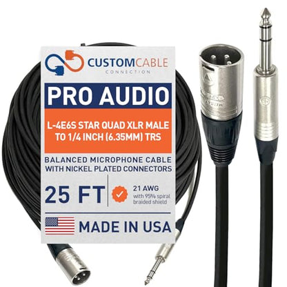 Custom Cable Connection 25 Foot Canare L-4E6S Star Quad 3-Pin XLR Male to 1/4" (6.35mm) TRS Balanced Microphone/Audio Cable - size: 25 Foot, style: XLR Male to 1/4"