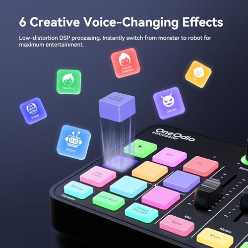 OneOdio Solocaster Gaming Audio Mixer, 5-Channel Interface, 48V XLR | Bluetooth, RGB lighting, USB-C and 3.5mm inputs for beginner streaming, podcasting, karaoke and PC, Mac or mobile use