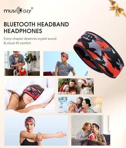 MUSICOZY Bluetooth 5.4 Sleep Headphones Headband Sports Wireless Audio | Earbuds 2 in 1 Design with Breathable Stretch Fabric, HD Stereo Sound Speakers for Workout Yoga Running, Nighttime Sleep Use - color: Black Red