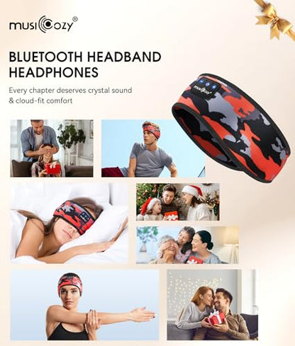 MUSICOZY Bluetooth 5.4 Sleep Headphones Headband Sports Wireless Audio | Earbuds 2 in 1 Design with Breathable Stretch Fabric, HD Stereo Sound Speakers for Workout Yoga Running, Nighttime Sleep Use - color: Black Red