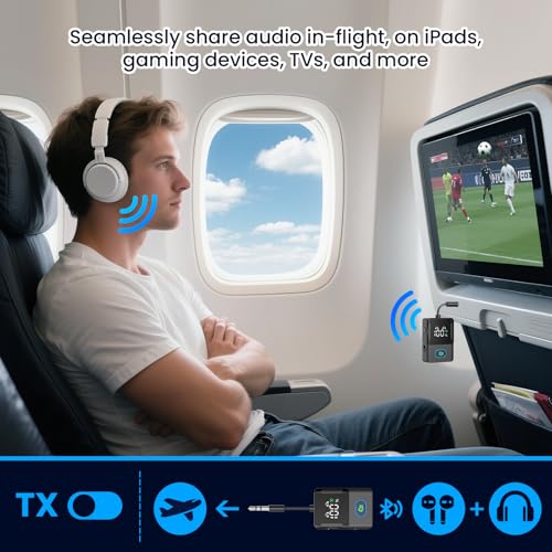 Bluetooth Transmitter Receiver for Airplane, TVs, 2 in 1 Wireless Bluetooth 5.3 Adapter Compatible with 2 Headphones, Cell Phones, 3.5mm AUX Jack Car Transmitter with LED Digital Display - color: Black
