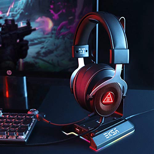 EKSA Headphone Stand, RGB Gaming Headset Stand for Desk with 7.1 Surround Sound, Headphone Holder with 3.5mm Aux and 2 USB Ports, Aluminum PC Gamer Headset Accessories for All Headphones Size