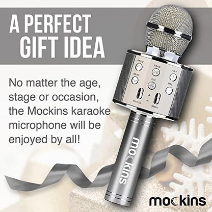 Mockins Silver Bluetooth Karaoke Microphone for Kids with Built in Wireless Speaker| Wireless Microphone Karaoke Compatible with iOS & Android | All-in-One Mic - color: Silver
