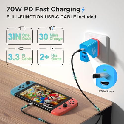 70W USB C Charger Dock for Nintendo Switch/OLED, Portable Travel TV Docking Station with 4K HDMI/USB3.0/PD Charging Port, Fast Charging Adapter with USB-C Cable for Laptop, Mobile Phone, Steam Deck - size: 1 Pack