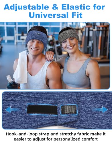 Adjustable Bluetooth Sleeping Headphones Headband for Men Women 2PCS | Hook-and-Loop, Thin Speakers, 14H Playtime, Earphones for Side Sleepers Running Workouts Sports Yoga Meditation - Blue&Gray