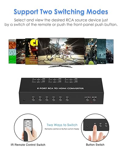 6 Port RCA to HDMI Converter, Dual AV to HDMI Converter Supports 16:9/4:3 Composite to HDMIAdapter Support 1080P PAL/NTSC Compatible with Sega/Xbox/PS1/PS2/PS3/WII/N64/VHS, VCRs, and DVD Players - size: 6 Port RCA to HDMI Converter