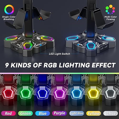 KDD Gaming RGB Headphones Stand & 4 in 1 Desk Cup Holder - Rotatable Headset Stand with 9 Light Modes - Clamp on Under Desk Headphone Hanger