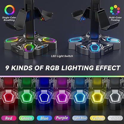 KDD Gaming RGB Headphones Stand & 4 in 1 Desk Cup Holder - Rotatable Headset Stand with 9 Light Modes - Clamp on Under Desk Headphone Hanger