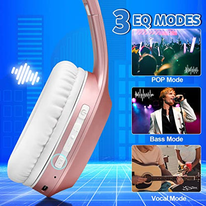 Rydohi Wireless Bluetooth Headphones Over Ear 68H Playtime HiFi Stereo Headset with Microphone and 3EQ Modes Foldable Bluetooth V5.3 Headphones for Travel Smartphone Computer Laptop - color: Rose