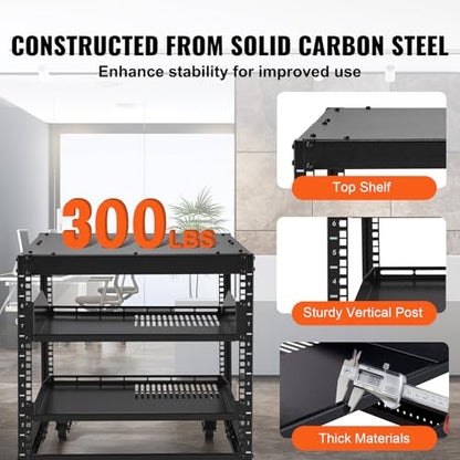 VEVOR 9U Open Frame Server Rack, 23''-40'' Adjustable Depth, Free Standing or Wall Mount Network Server Rack, 4 Post AV Rack with Casters, Holds All Your Networking IT Equipment AV Gear Router Modem - size: 9U
