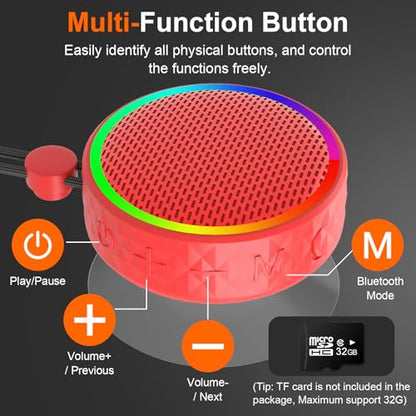 Bluetooth Shower Speaker, Portable Wireless Speaker Suction Cup, Bluetooth Speaker with RGB Lights, 360° HD Sound Sound Support TF Card Shower Radio for Outdoor/Travel/Gifts/Gym (Red)