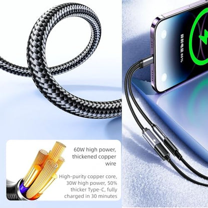 USB C to 3.5mm Audio Adapter with 60W PD Fast Charging, 2-in-1 DAC Audio Converter and Headphone Jack, Compatible with iPhone 15/15 Pro, iPad Pro, Samsung Galaxy, Gaming, Car Aux - size: 1 Pack