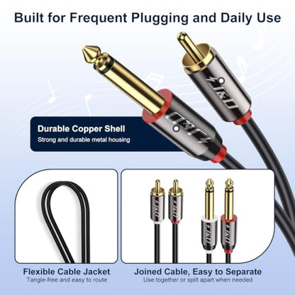 J&D 1/4 to RCA Cable, Gold Plated Copper Shell Heavy Duty 2X6.35mm TS to Dual RCA Stereo Audio Interconnect Cord for AV Receivers, Speakers, Home Audio Systems, Amplifiers, 9 Feet - size: 9 Feet