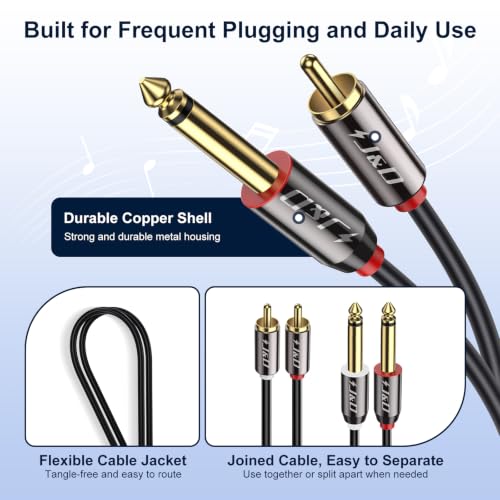 J&D 1/4 to RCA Cable, Gold Plated Copper Shell Heavy Duty 2X6.35mm TS to Dual RCA Stereo Audio Interconnect Cord for AV Receivers, Speakers, Home Audio Systems, Amplifiers, 25 Feet - size: 25 Feet