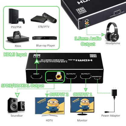 HDMI Splitter 1 in 2 Out, 4K@60Hz HDMI Splitter 1x2 with Audio Extractor 3.5mm Audio Jack + Coaxial + Optical Toslink SPDIF for Xbox, PS4, Blu-ray