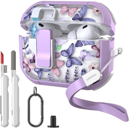 WENEW for AirPods Pro 3 Case (2025) Cover Secure Lock Automatic Snap Switch Clip Cleaner Kit Lanyard Women Stylish Flower Hard Shell Full Body Front LED Visible (Purple Butterfly, AirPods Pro 3) - color: Purple Butterfly, size: AirPods Pro 3