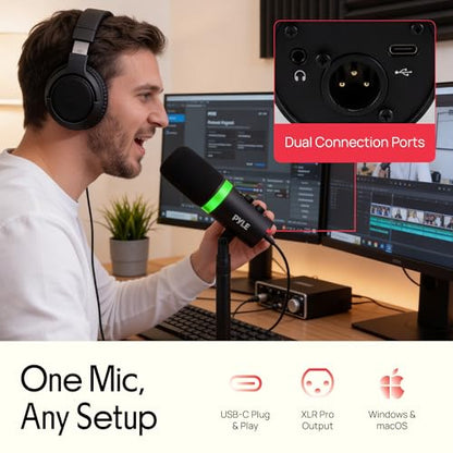 Pyle Dynamic USB/XLR Microphone for Podcasting, Streaming & Gaming, Cardioid Recording Mic with RGB Lighting, Mute Button, Zero-Latency Monitoring, Volume Control & Desktop Stand (PDMIC7B)