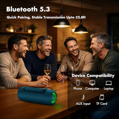 Fisher Portable Bluetooth Speakers IPX5 Waterproof Speaker, 14W Peak Power | Stereo Bluetooth Speaker, RGB Lights, TWS, BT 5.3, Built-in Mic, Hands Free Calling Speakers Bluetooth Wireless, Use Anywhere - color: Navy Blue