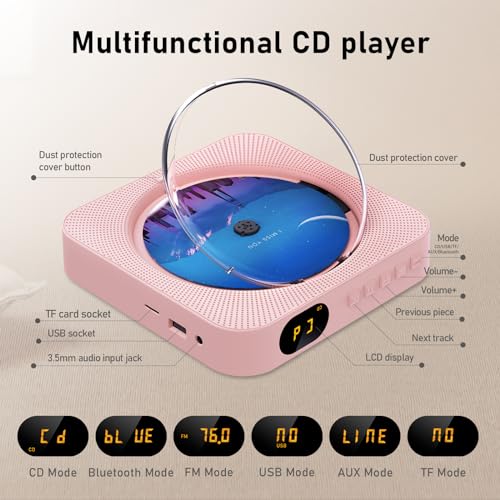 MICOCIOUS Portable CD Player with Bluetooth Desktop CD Player for Home CD Music Players with Remote Control,Timer,Built-in Dual Speakers with LED Display Home Audio Boombox FM Radio (Pink) - color: Pink