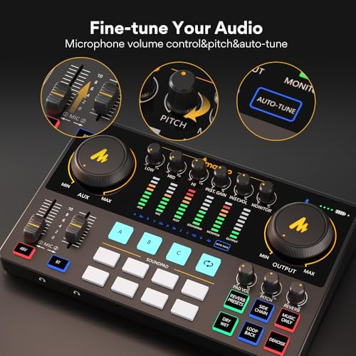 MAONO AME2 Audio Interface Mixer, Podcast Studio Console with XLR Input | 48V phantom power, Bluetooth, 11 custom sound pads, podcast recording, YouTube/TikTok live streaming, PC and XLR mic setup