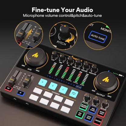 MAONO AME2 Audio Interface Mixer, Podcast Studio Console with XLR Input | 48V phantom power, Bluetooth, 11 custom sound pads, podcast recording, YouTube/TikTok live streaming, PC and XLR mic setup