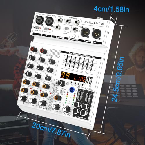99개의 DSP 효과 및 48V 팬텀 파워가 있는 4채널 블루투스 오디오 믹서 | 7밴드 EQ, 헤드폰 모니터링, 팟캐스트, 라이브 스트리밍, 노래방, 홈 녹음, 기타, 베이스용 사운드 믹서 보드